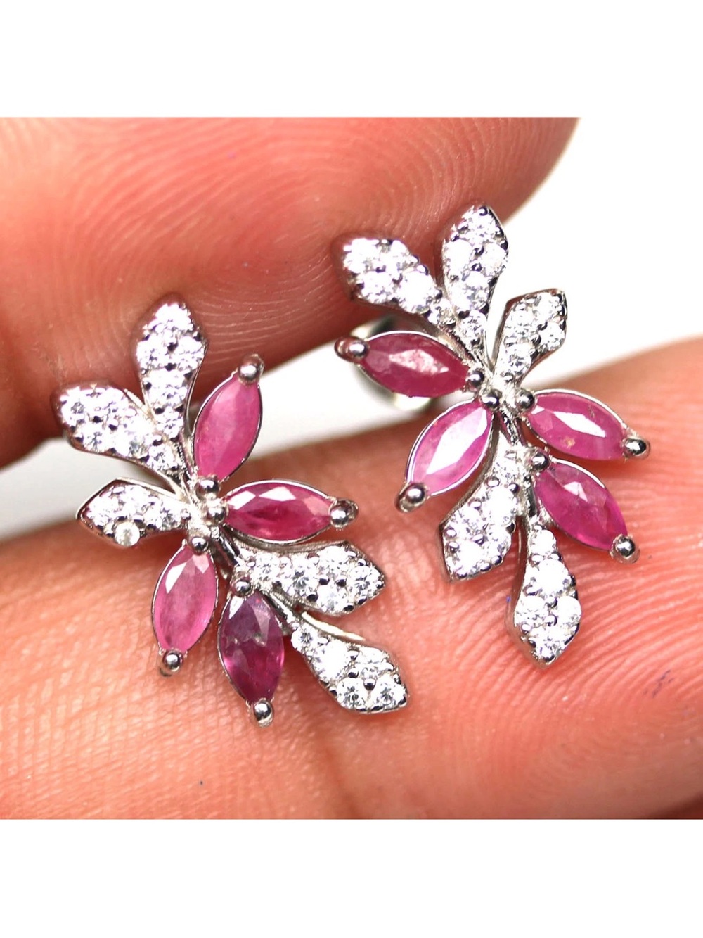 Elegant Genuine Ruby Marquise Floral Stud Earrings 925 Sterling Silver